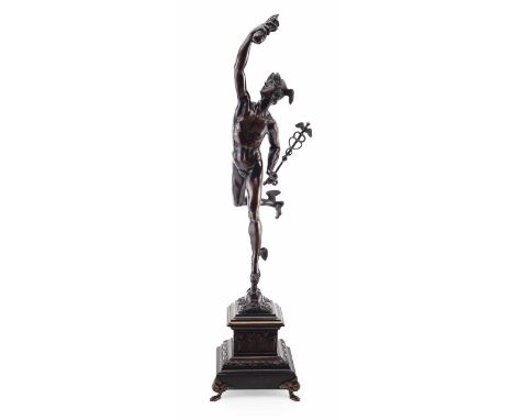 FRENCH BRONZE FIGURE OF MERCURY  19TH CENTURY  dark brown and golden patina, raised on a cast bronze and painted wood plinth,