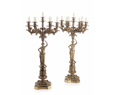 PAIR OF GILT BRONZE FIGURAL CANDELABRA BY CORNELIUS OF PHILADELPHIA  EARLY 19TH CENTURY  the central figure of a draped class