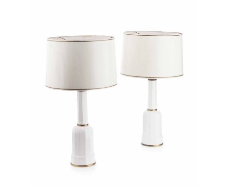 TWO PAIRS OF TABLE LAMPS  MODERN  comprising a pair of mallet shaped white glazed ceramic lamps with gilt metal mounts, 44cm 