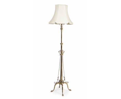 W.A.S. BENSON STYLE BRASS TELESCOPIC STANDARD LAMP  19TH CENTURY  the central column mounted with scrolling strapwork and fou