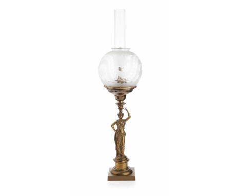 VICTORIAN BRASS FIGURAL OIL LAMP BY CORNELIUS, PHILADELPHIA  19TH CENTURY  the etched globe shade and glass chimney supported