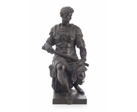 AFTER MICHELANGELO, BRONZE FIGURE OF COSIMO DE MEDICI  19TH CENTURY  dark brown patina, inscribed 'BROQUIN Sc. L'AINE. FRS'  