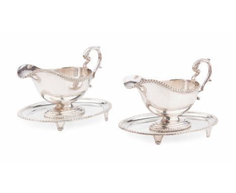PAIR OF NEO-CLASSICAL SAUCE BOATS AND ASSOCIATED STANDS  C. J. VANDER, SHEFFIELD, 1966 & 1967  with foliate cast scroll handl