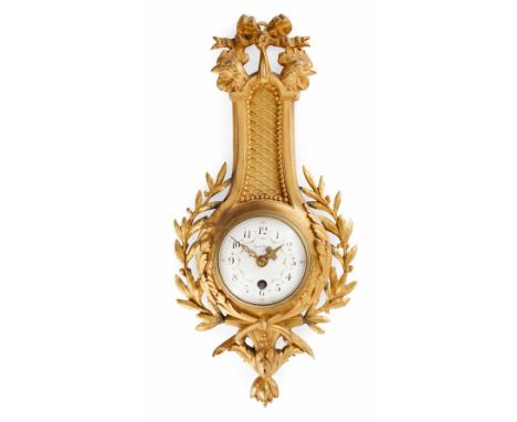 SUSSE FRERES LOUIS XVI STYLE SMALL GILT BRONZE CARTEL CLOCK  19TH CENTURY  the white enamel Arabic numeral dial painted with 