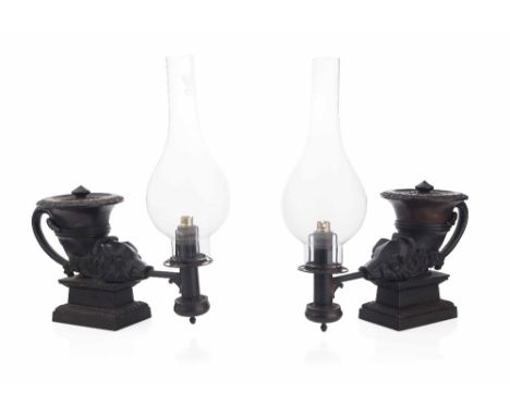 PAIR OF REGENCY STYLE BRONZE COLZA LAMPS  19TH CENTURY  black patina, each modelled as a cornucopia with boar's head terminal