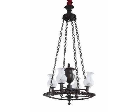 REGENCY PATINATED BRONZE COLZA CHANDELIER  19TH CENTURY  the corona with chain suspension leading to a foliate cast circular 