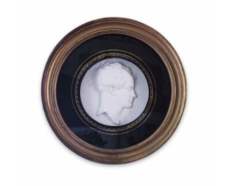 TWO PLASTER PORTRAIT ROUNDELS  19TH CENTURY  both circular, the first depicting a profile portrait of Byron, in a circular mo