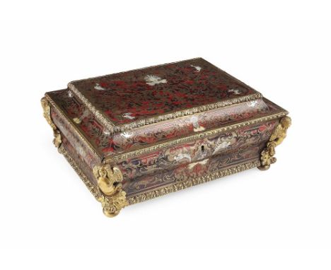 LOUIS XIV STYLE BOULLE AND GILT BRONZE WORK BOX  19TH CENTURY  of bombe outline, decorated with scrolling brass work and inla