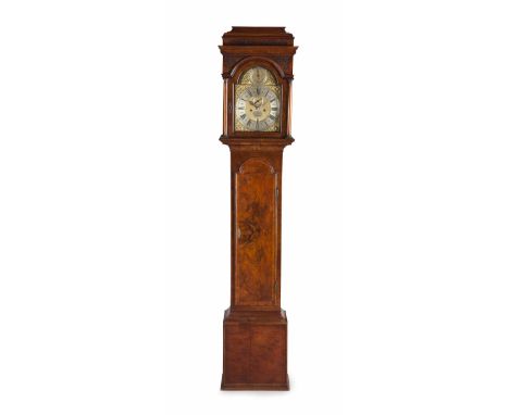 GEORGE II WALNUT LONGCASE CLOCK BY JOHN ELLICOTT, LONDON  MID 18TH CENTURY  the stepped caddy top with a blind fretwork friez