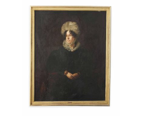 CIRCLE OF HENRY RAEBURN  PORTRAIT OF A LADY IN A WHITE LACE CAP  oil on canvas; and a companion, A GENTLEMAN SEATED IN A RED 