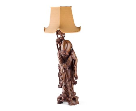 CHINESE CARVED HARDWOOD FIGURE  QING DYNASTY  naturalistically carved depicting Shou Lao, converted to a lamp  24cm high Prov