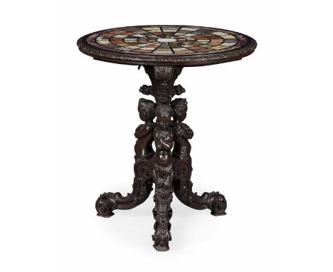 VICTORIAN CARVED OAK AND SPECIMEN MARBLE TRIPOD TABLE  19TH CENTURY  the circular top inset with various radiating hardstone 