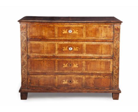 ITALIAN WALNUT, FRUITWOOD, INLAY AND POLYCHROME COMMODE  18TH CENTURY  the rectangular top with parquetry and star motif inla