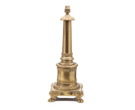 LACQUERED BRASS COLUMN LAMP 19TH CENTURY the acanthus cast collar above a tapering column with a square base, raised on paw f