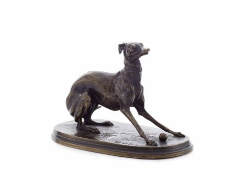 AFTER PIERRE JULES MÊNE (FRENCH 1810-1879)  BRONZE FIGURE OF A GREYHOUND  with golden brown patina, signed P.J. MÊNE, on an i