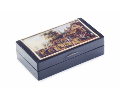 CONTINENTAL PAINTED AND TORTOISESHELL SNUFF BOX  19TH CENTURY  the rectangular case inset with a painted lid depicting a vill