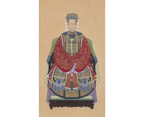 CHINESE ANCESTOR PORTRAIT  QING DYNASTY, 19TH CENTURY  depicting an elderly lady seated on a chair draped in silks, wearing a