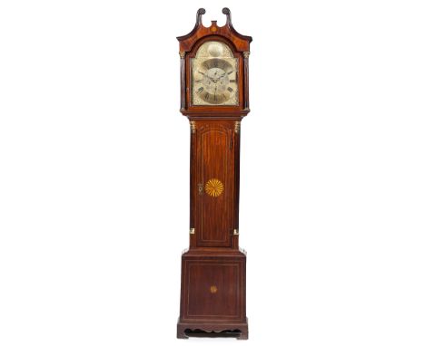 SCOTTISH GEORGE III MAHOGANY AND INLAID LONGCASE CLOCK BY DALLAWAY & SON, EDINBURGH  18TH CENTURY  the high swan neck pedimen