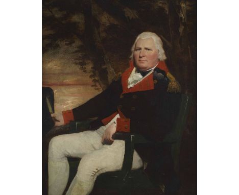 SIR HENRY RAEBURN R.A., R.S.A (SCOTTISH 1756-1823)  THREE-QUARTER SEATED PORTRAIT OF AN OFFICER OF THE MADRAS ARTILLERY  oil 