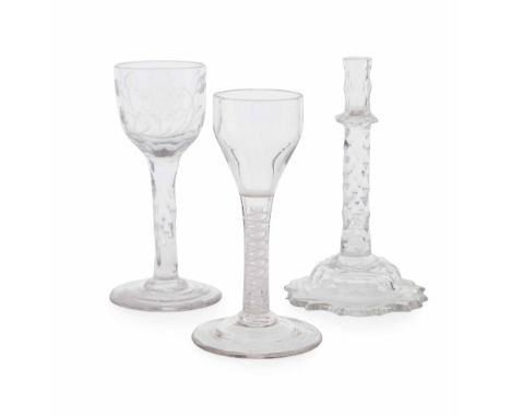 GROUP OF GEORGIAN STEM GLASSWARE  18TH / 19TH CENTURY  comprising a wine glass with an etched bowl and a facet cut stem, 14.5