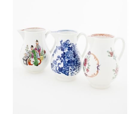 THREE WORCESTER SPARROW BEAK MILK JUGS  18TH CENTURY  including a 'Broken Fence' pattern example; one with Chinese figures; a