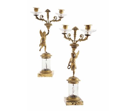 PAIR OF FRENCH EMPIRE GILT BRONZE AND CUT GLASS CANDELABRA  19TH CENTURY  each with twin-branch arms and cut glass drip trays