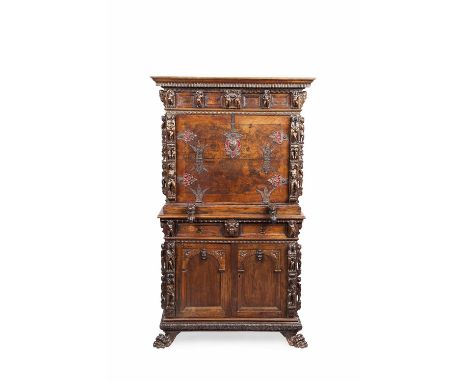 CONTINENTAL WALNUT RENAISSANCE STYLE SECRETAIRE A ABBATANT  19TH CENTURY  the projecting cornice above egg and dart moulding,