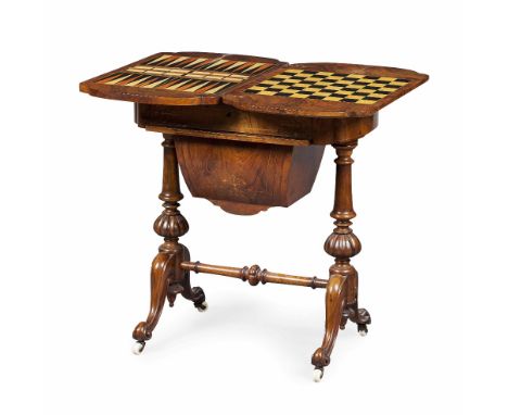 VICTORIAN WALNUT AND MARQUETRY WORK AND GAMES TABLE  19TH CENTURY  the pivoting rounded rectangular top opening to reveal bac