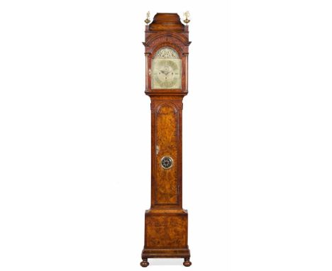 DUTCH BURR WALNUT LONGCASE CLOCK BY WILLIAM GIB, ROTTERDAM  LATE 17TH / EARLY 18TH CENTURY  the high caddy top above a hood w