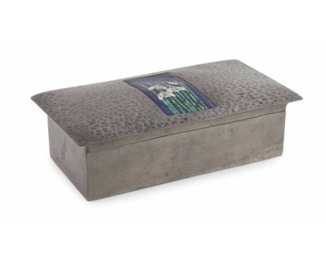 LIBERTY & CO. PEWTER AND ENAMEL BOX  EARLY 20TH CETURY  of rectangular form, the hammered slightly domed cover centred by an 