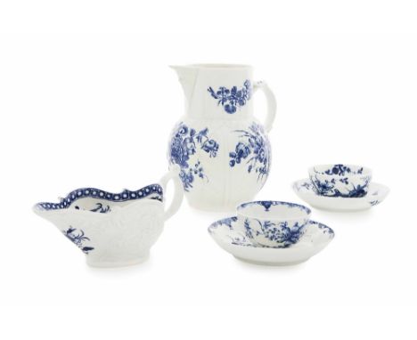 GROUP OF WORCESTER BLUE AND WHITE PORCELAIN  18TH CENTURY  comprising a 'Three Flowers' pattern cabbage moulded jug, 18.5cm h
