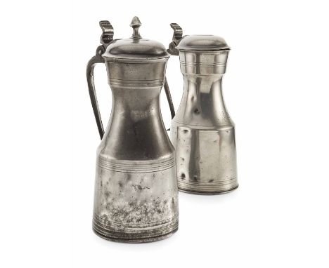 TWO PEWTER TAPPIT HENS  LATE 18TH/ EARLY 19TH CENTURY  each of typical form, the first with a knopped finial and inscribed in