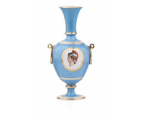 PARIS PORCELAIN VASE  19TH CENTURY  of bottle form with a fluted neck and fixed ring handles, painted with a reserve depictin