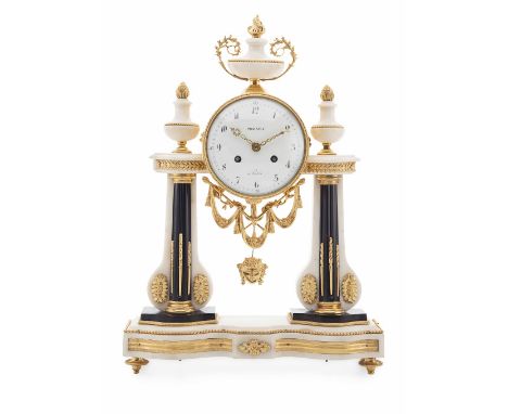 FRENCH GILT BRONZE AND MARBLE MANTEL CLOCK  19TH CENTURY  the urn finials above the suspended white enamelled dial, signed PI