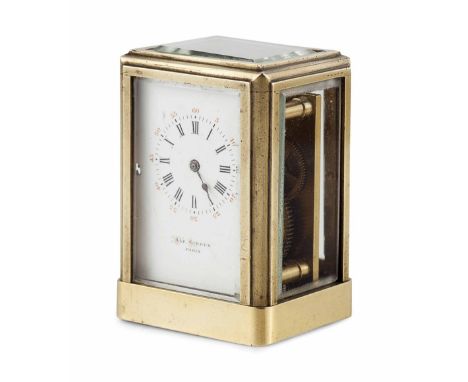FRENCH MINIATURE BRASS CARRIAGE CLOCK BY GIROUX  19TH CENTURY  the white enamel dial with Roman and Arabic numeral chapters, 