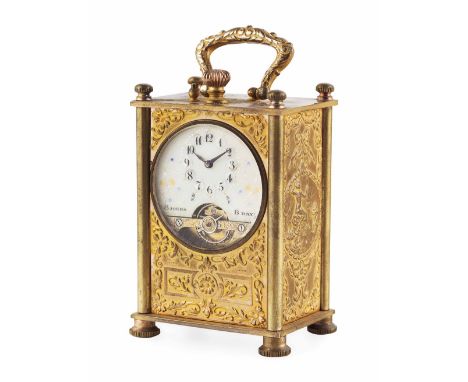 MINIATURE FRENCH CARRIAGE CLOCK  19TH CENTURY  the three-quarter white enamel dial with Arabic numerals, floral motifs and in