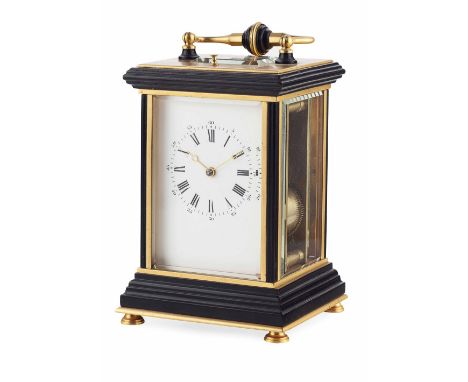FINE FRENCH BRASS AND EBONY REPEATING CARRIAGE CLOCK  19TH CENTURY  the white enamel dial with Roman and Arabic chapters and 