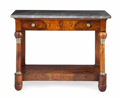 EMPIRE MAHOGANY MARBLE TOPPED CONSOLE TABLE  EARLY 19TH CENTURY  the rectangular grey marble top over a long frieze drawer ra