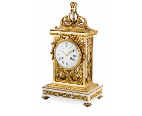 FINE FRENCH GILT BRONZE FOUR GLASS MANTEL CLOCK BY ROBIN DU ROY, PARIS  EARLY 19TH CENTURY  the white enamel dial with Roman 