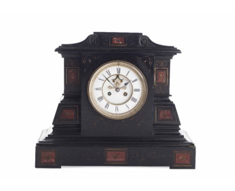 EARLY VICTORIAN POLISHED SLATE AND MARBLE MANTLE CLOCK  19TH CENTURY  the white enamel Roman numeral dial with a visible esca