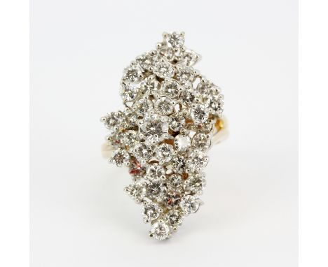 A yellow metal (tested minimum 9ct gold) ring set with round brilliant cut diamonds, estimated approx. 2ct total, (M.5).