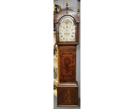 An 18th Century painted dial mahogany veneered longcase clock with moon phase and shipping decoration, second and date functi