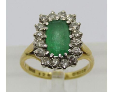 18ct emerald and diamond cluster ring, ring head 1.5 x 1.1cm approx, maker 'S.H.S', London 1975, size K/L, 4.6g 