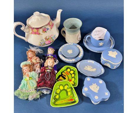 Small collection of Wedgwood Jasperware trinket dishes, two Poole dishes and a Royal Albert Lady Carlisle teapot 