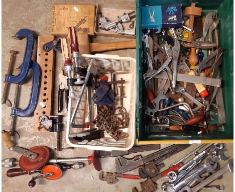 A good collection of workshop tools including G clamp, spanners, ring spanners, plane, mole grips, etc 