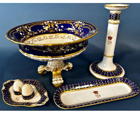 A collection of 19th century monogrammed armorial wares comprising stemmed bowl on tripod lion paw supports, a pen dish a sin
