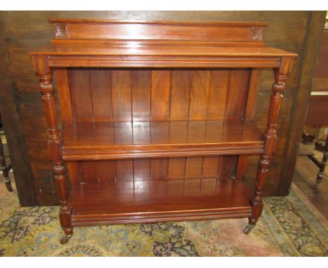 Victorian mahogany three tier buffet of narrow proportions on turned and fluted supports, 112cm wide x 35cm deep x 114cm high