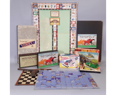 Vintage toys and games including Totopoly, Milestones, a Thunderbirds talking alarm clock by Wesco (untested), 007 jigsaw etc