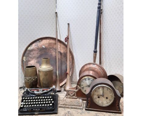 Two copper coaching horns, copper warming pan, iron footscraper, The Imperial Good Companion travelling typewriter by appoint