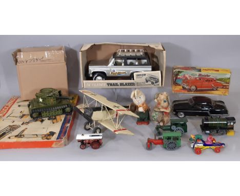 Mixed collection of vintage toys including boxed Minister Delux car by Amar toys, NYLINT boxed Jeep, 2 Tri-ang Minic steam ro